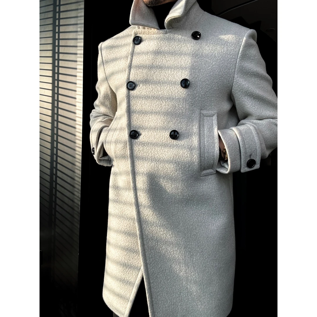 DRUNKCORNER 【十周年限定】双排平驳领米灰色羊驼毛中款大衣男士
