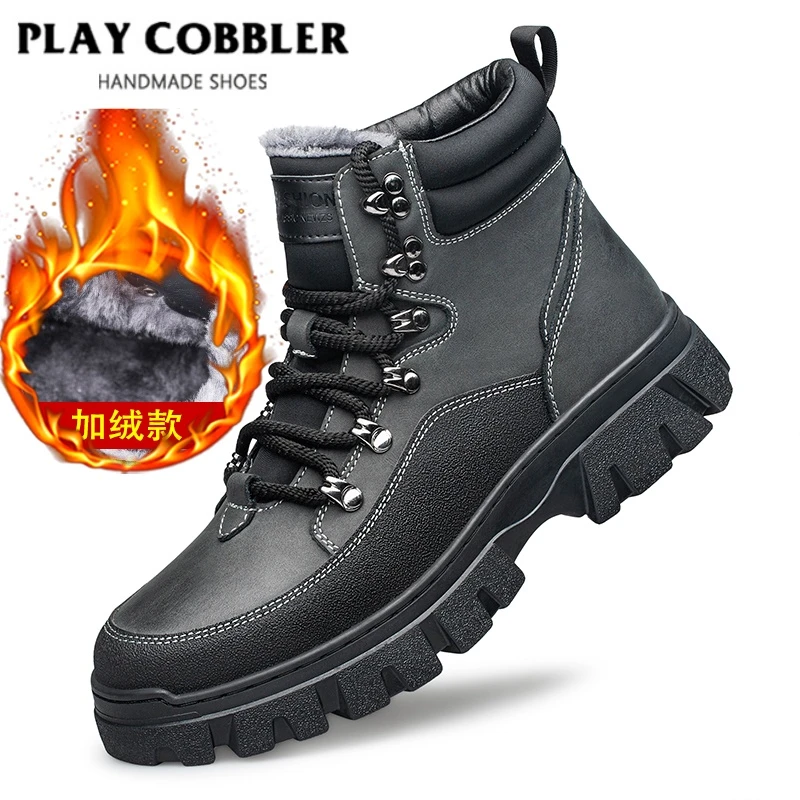 花花皮匠2025春季新款棉靴男保暖加绒时尚真皮靴子增高耐磨马丁靴