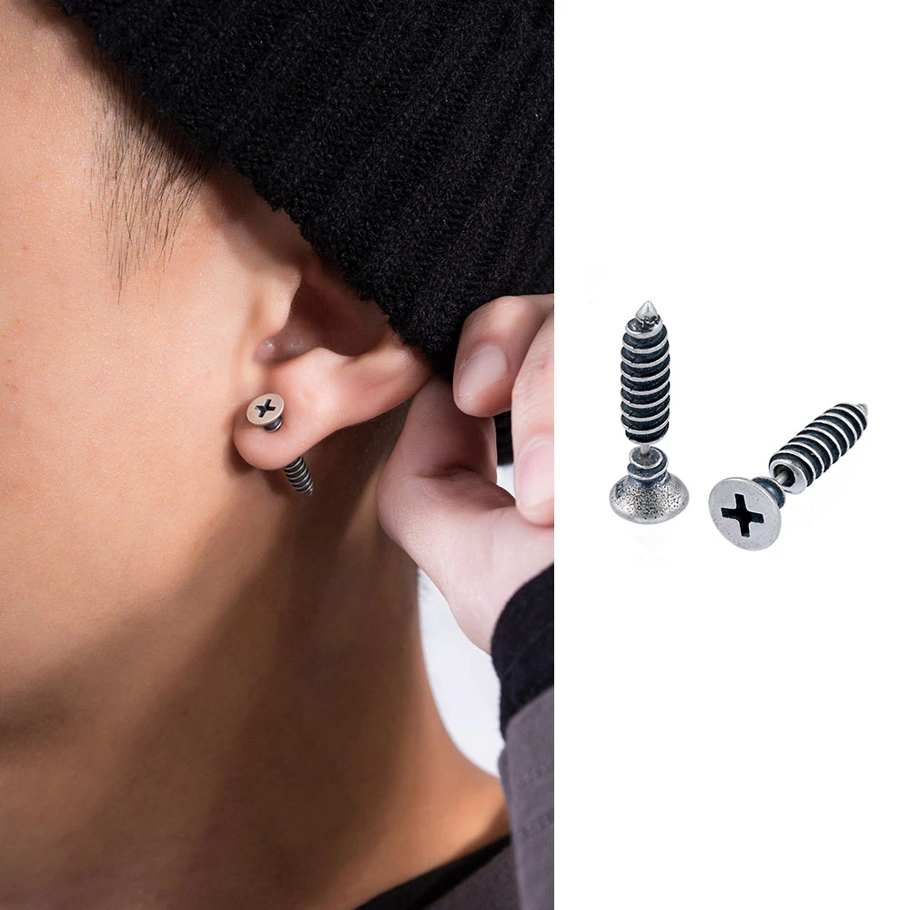 ACITY 925银耳饰 喜城925纯银螺丝钉子耳钉个性银针耳环男女耳饰