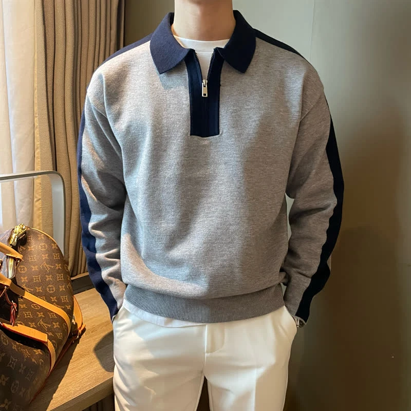 秋冬长袖男拼色落肩针织翻领上衣青年半拉链设计潮流型男士polo衫