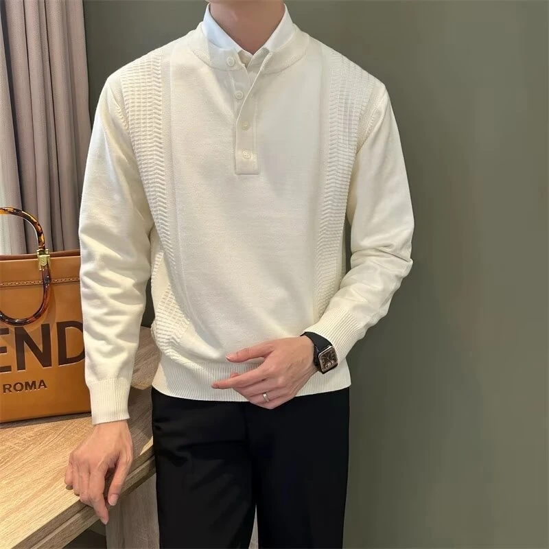 纯色亨利领纽扣通勤男毛衣轻奢休闲百搭长袖套头提花针织打底衫男