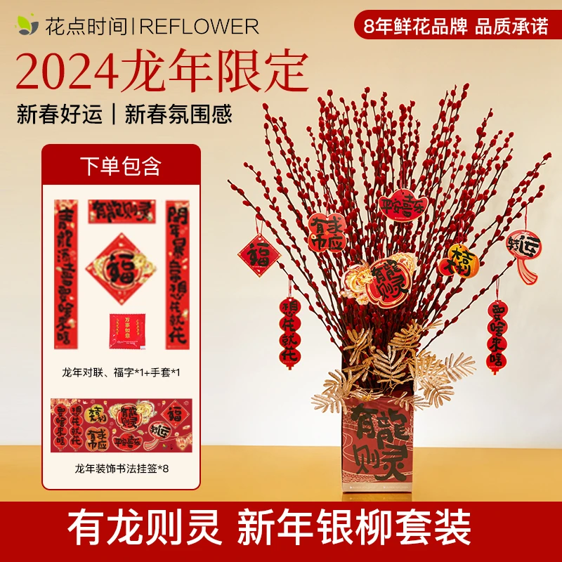 花点时间年宵花80cm银柳50枝【有龙则灵】礼盒款带福字对联云南鲜花