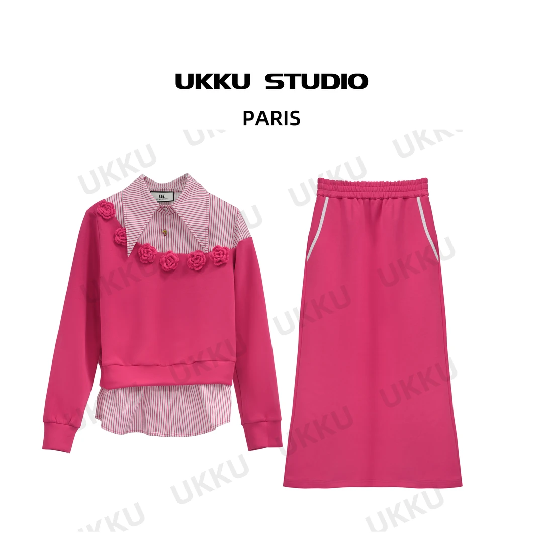 【UKKUSKUDIO】网红气质修身时尚树莓粉显白拼接半裙套装312873