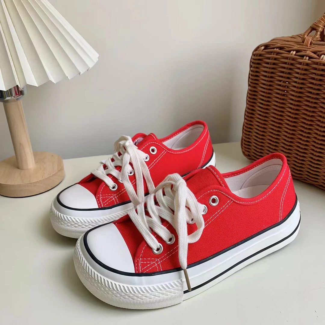 红色小众芒果头帆布鞋女休闲厚底丑萌鞋百搭显脚小2150