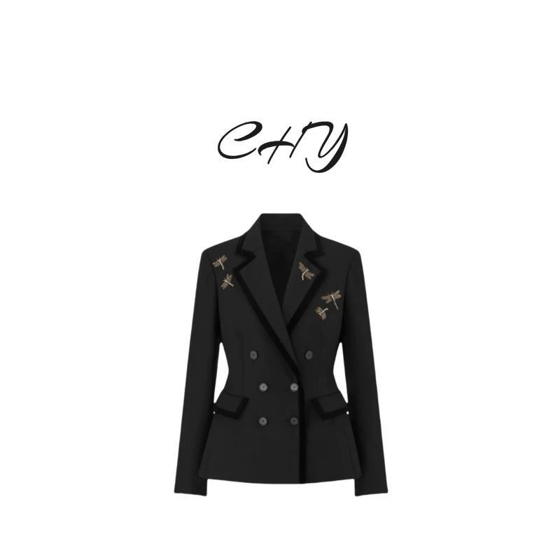 (CHY 服饰) 2024早秋新款疏影同款西服蜻蜓刺绣丝绒边西装外套女
