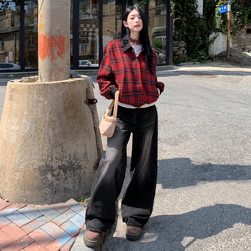 黑灰色美式直筒牛仔裤女2024年秋季新款高腰宽松垂感阔腿拖地裤子