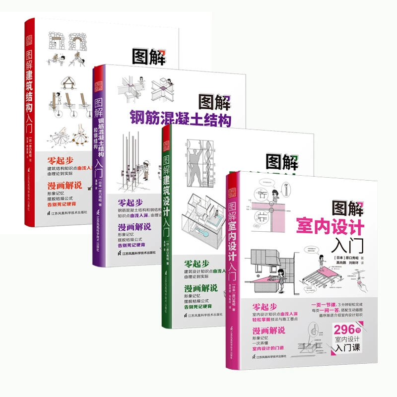 (全4册)图解建筑结构+建筑设计+钢筋混凝土+室内设计 零基础 配图