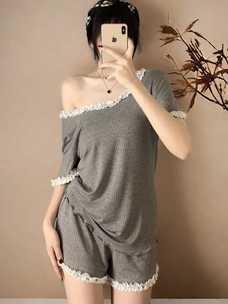 美背莫代尔睡衣女夏季带胸垫短袖短裤长裤甜美性感少女休闲家居服