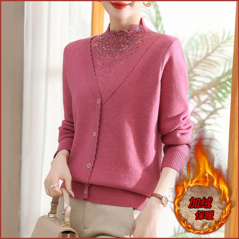 妈妈秋冬装针织衫加绒毛衣新款套装中老年女士打底衫外穿长袖上衣