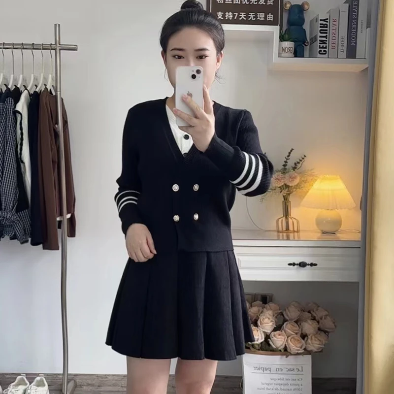 套装女2025新款爆款洋气假两件针织上衣秋时尚气质减龄长袖两件套