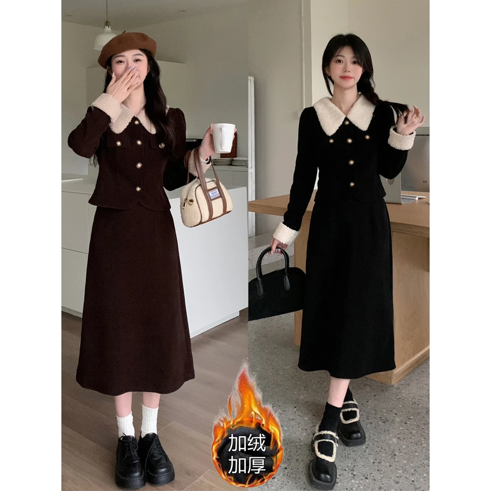 气质套裙女小香风大码女装胖MM春秋加厚加绒半身裙套装两件套显瘦