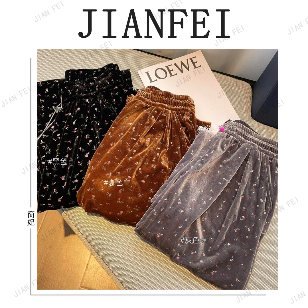 JIANFEI/简妃A617 女士丝绒印花休闲裤垂感直筒裤显瘦气质宽松