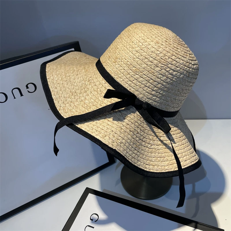 甜味荡漾拉菲草波浪草帽夏季出游气质蝴蝶结草帽日系大檐遮阳防晒