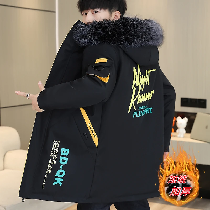 青少年棉衣男中长款冬季外套加厚连帽保暖潮流韩版高中生帅气棉服