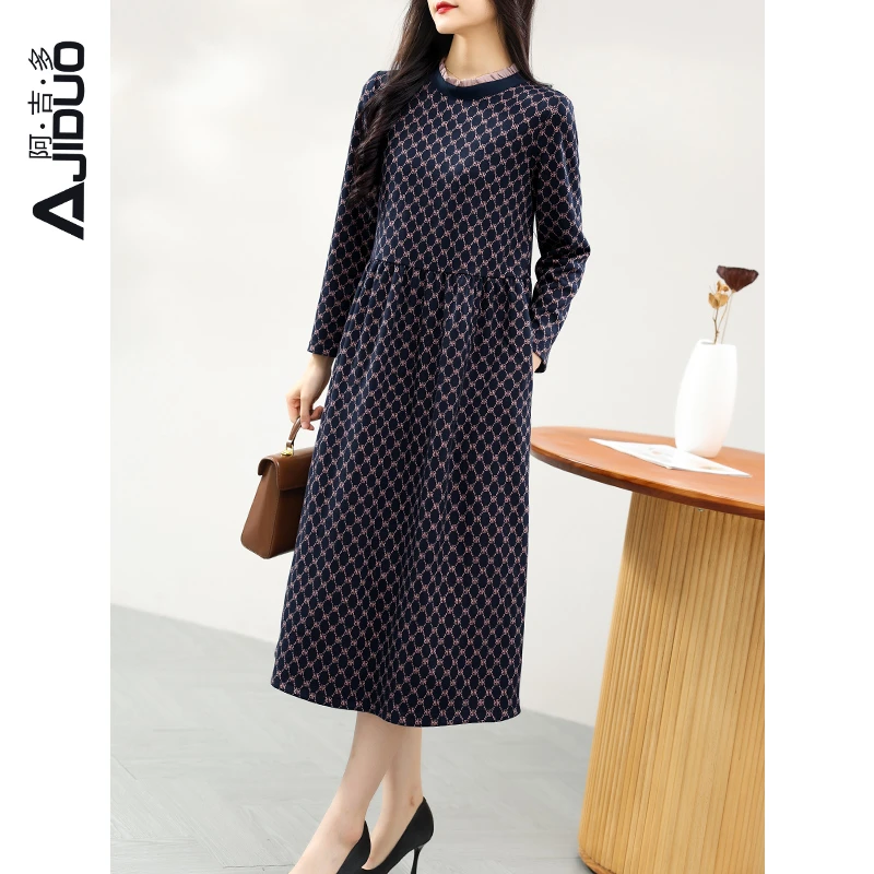 阿吉多德绒印花长袖连衣裙女秋冬2023新款舒适保暖打底裙洋气裙子