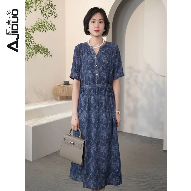 阿吉多A89975蓝色连衣裙女夏季新款高级端庄气质胖mm遮肚藏肉裙子