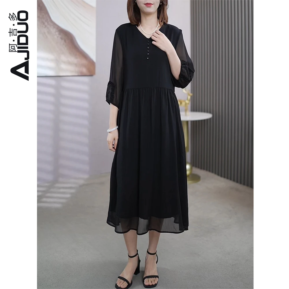 阿吉多轻薄飘逸黑色显瘦连衣裙2024新款灯笼袖气质薄款小黑裙长裙