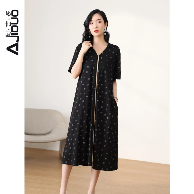 阿吉多针织印花Polo连衣裙女夏2024新款气质优雅高端大码短袖裙子