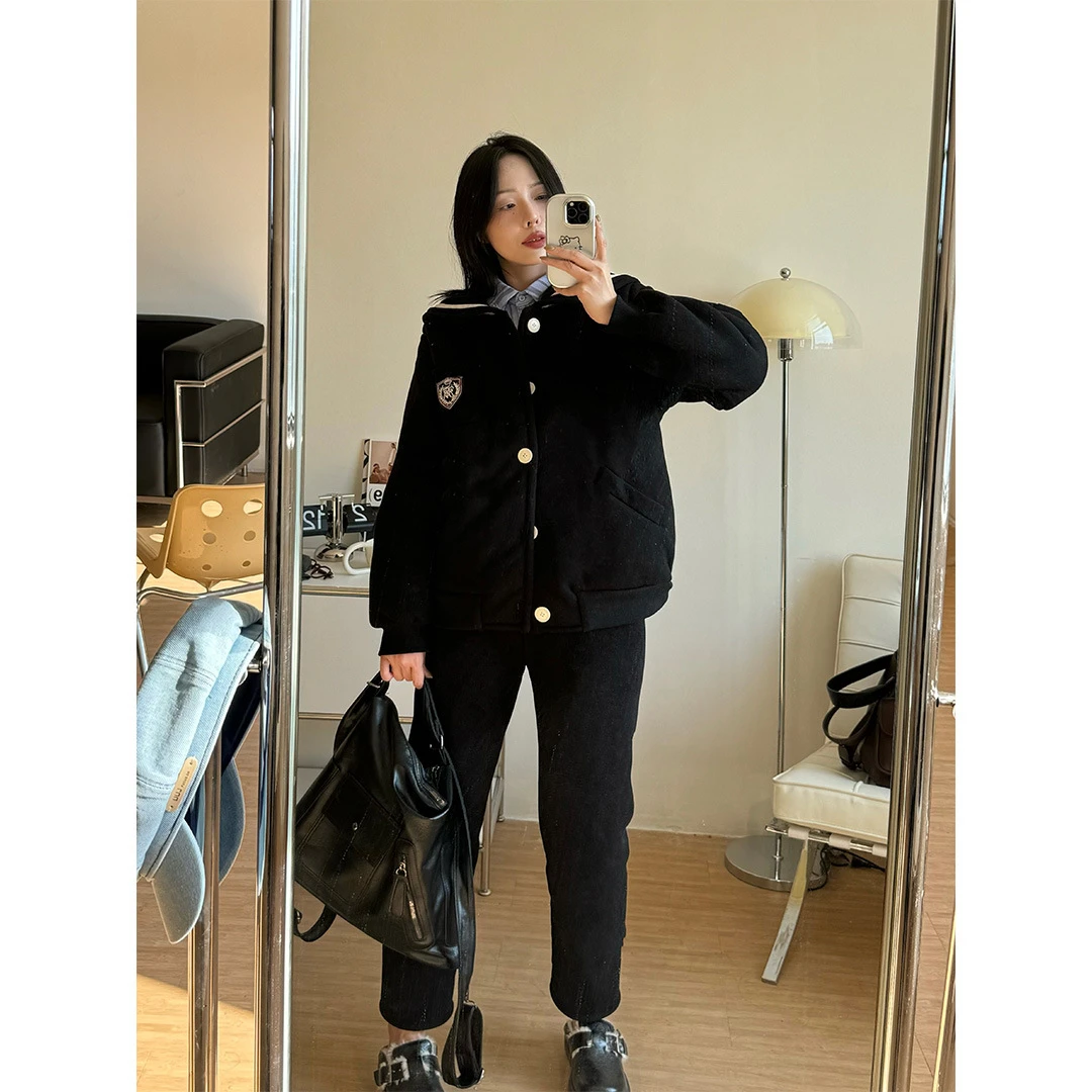 睡衣女冬季珊瑚绒三层夹棉袄加厚保暖新款可爱海军领可外穿套装