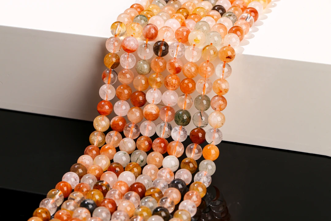 天然红兔毛水晶散珠散珠彩发晶手链圆珠DIY饰品配件