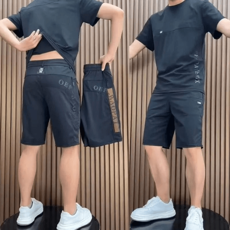 夏季薄款冰丝速干男士休闲套装弹力印花透气网眼清爽运动短裤-T恤