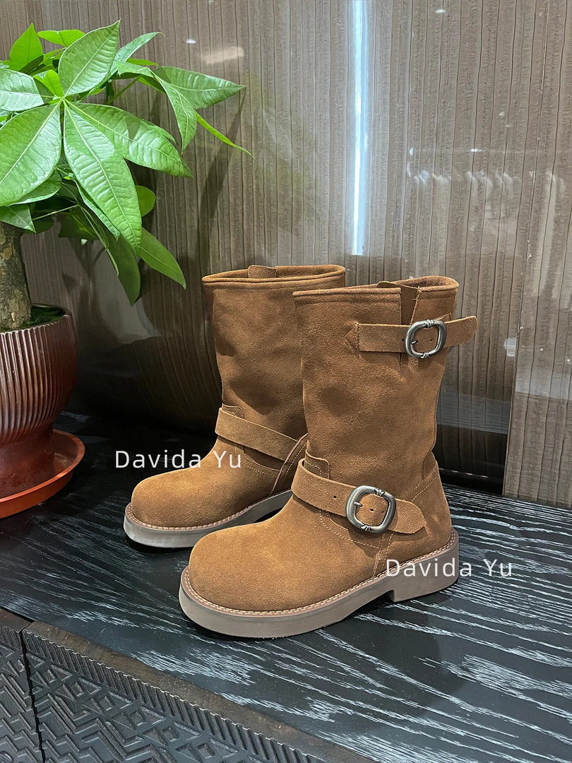 法式方头皮带扣套筒粗跟时装靴秋季新款显瘦舒适西部中靴M928-556