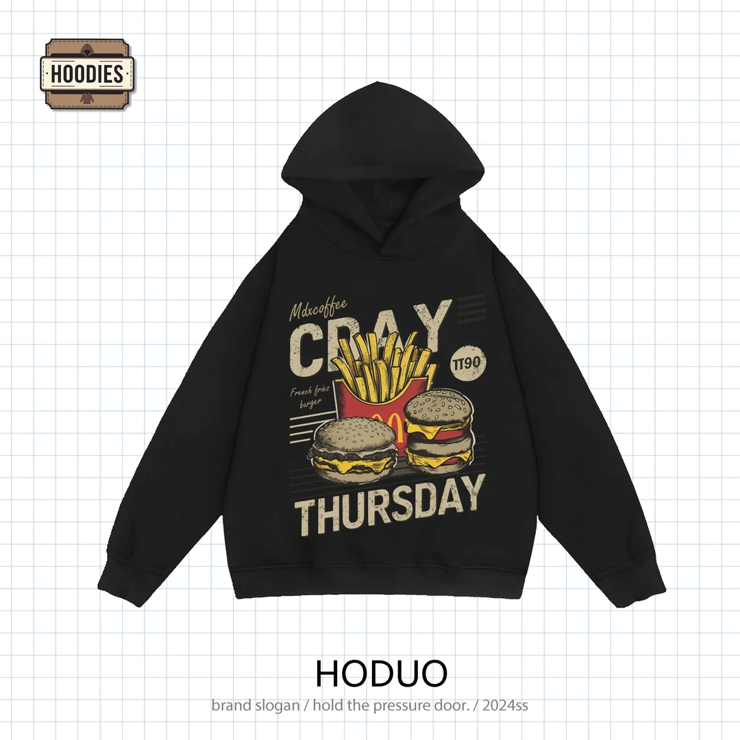 HODUO美式风汉堡薯条秋季复古宽松连帽卫衣高街潮流印花黑色休闲