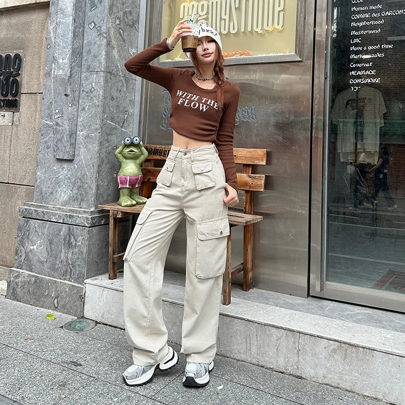 2025春新款美式高街直筒阔腿休闲拖地裤女显瘦多口袋工装裤Y2293