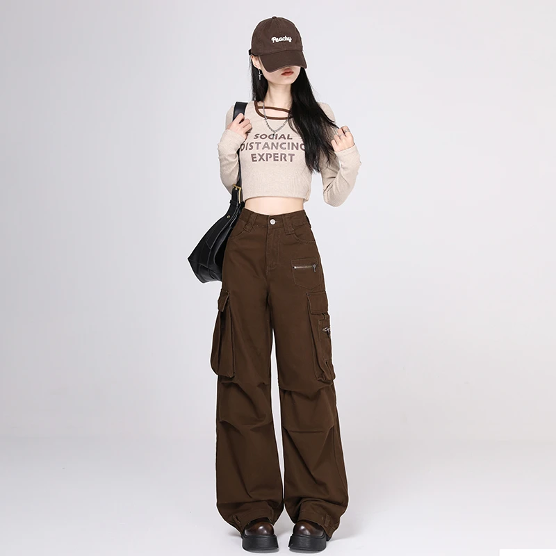 2026春美式辣妹褶皱设计感工装裤女宽松直筒拖地阔腿裤Y1013