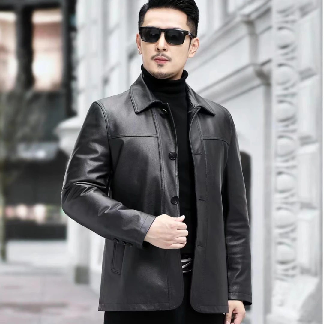 【LKLO】92011-1男士头层牛皮羊毛领纽扣款内胆加厚羽绒可脱卸外套