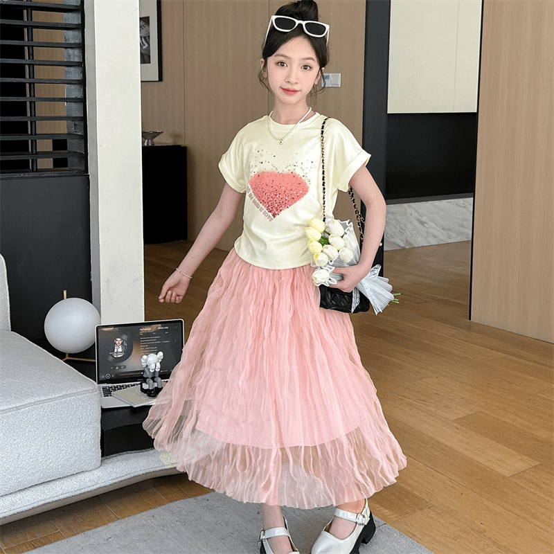 女童夏季短袖套装裙2024新款洋气网红半身裙女孩气质网纱裙两件套