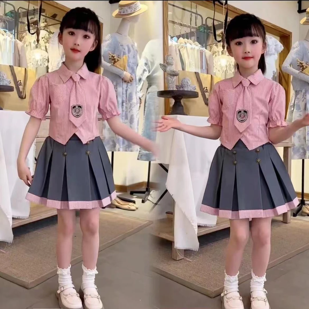 女童JK制服套装2024新款儿童夏季洋气学院风百褶裙时尚休闲两件套
