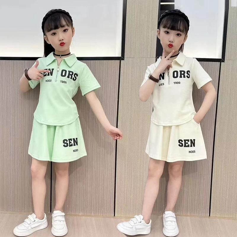 女童夏季运动休闲套装2023新款儿童洋气网红女孩POLO短裤两件套潮