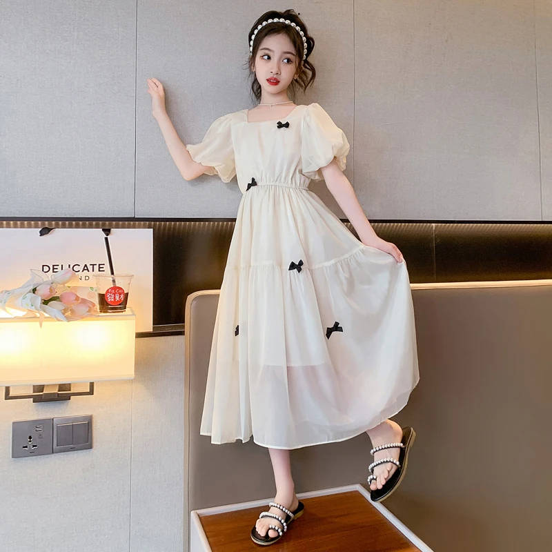 女童夏季雪纺连衣裙2024新款儿童洋气时髦泡泡袖中大童网红公主裙