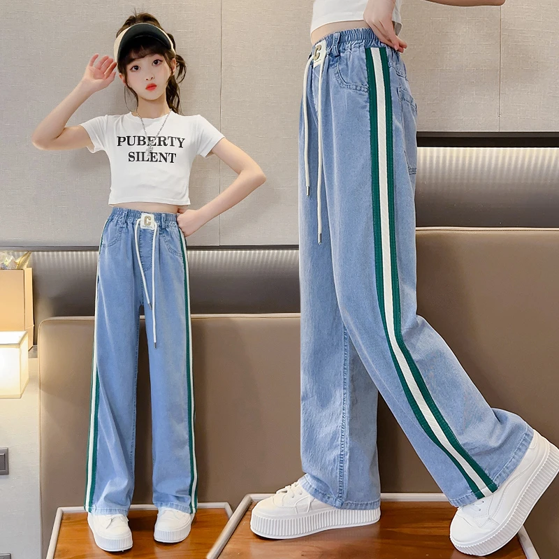 女童夏季薄款牛仔裤2024新款儿童洋气休闲防蚊裤中大童直筒阔腿裤