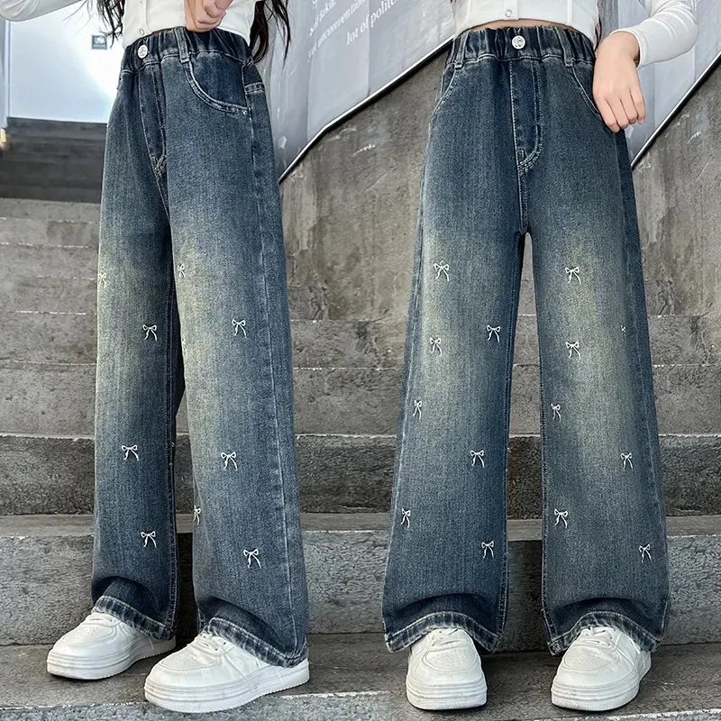 女童牛仔裤春秋季2025新款6-12岁中大童休闲宽松洋气儿童阔腿裤子