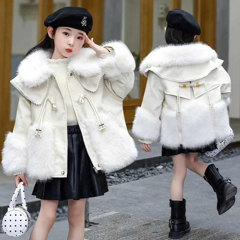 女童加绒派克服冬装2025新款儿童仿皮草外套女孩公主风轻奢毛毛衣