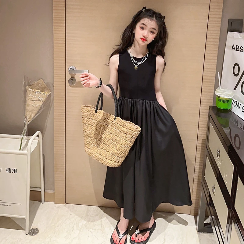 女童黑色裙子2025新款洋气儿童夏季连衣裙时髦女大童夏装背心裙潮