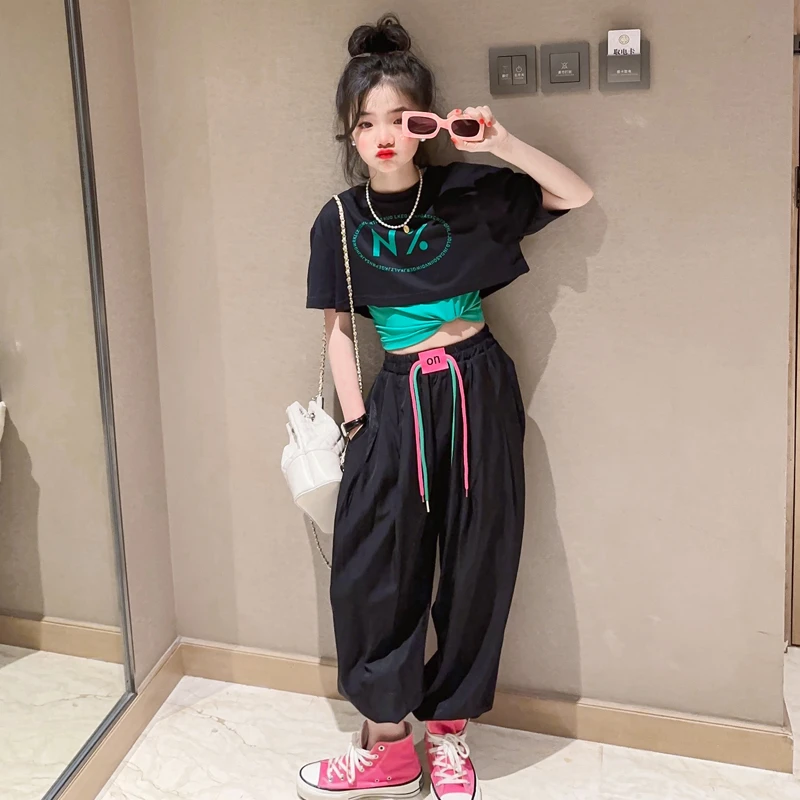 女童网红套装夏装中大童潮酷街舞爵士舞演出服儿童洋气炸街辣妹装
