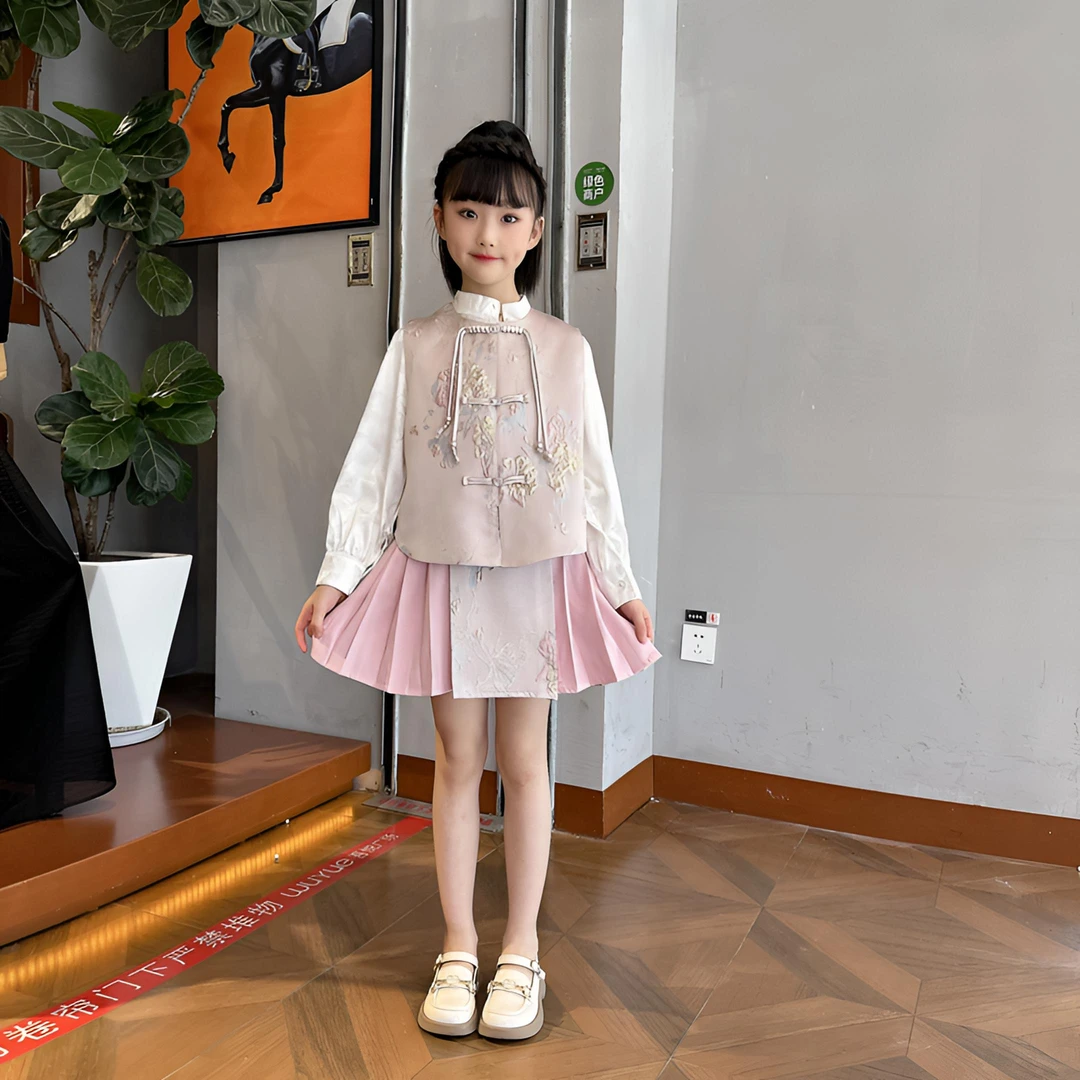 女童春秋款马面裙套装新款儿童新中式国风盘扣时尚马甲衬衫三件套