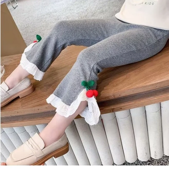 儿童打底裤春秋季新款女孩九分裤女童喇叭裤外穿清新百搭花边裤