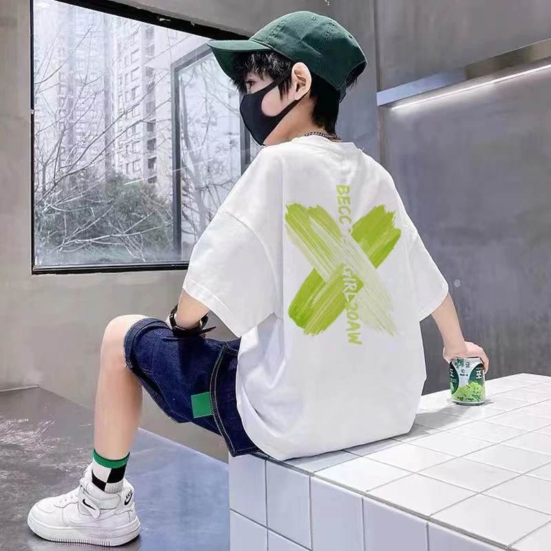 新款中大童韩版棉T恤男童短袖儿童百搭字母印花上衣夏款男孩