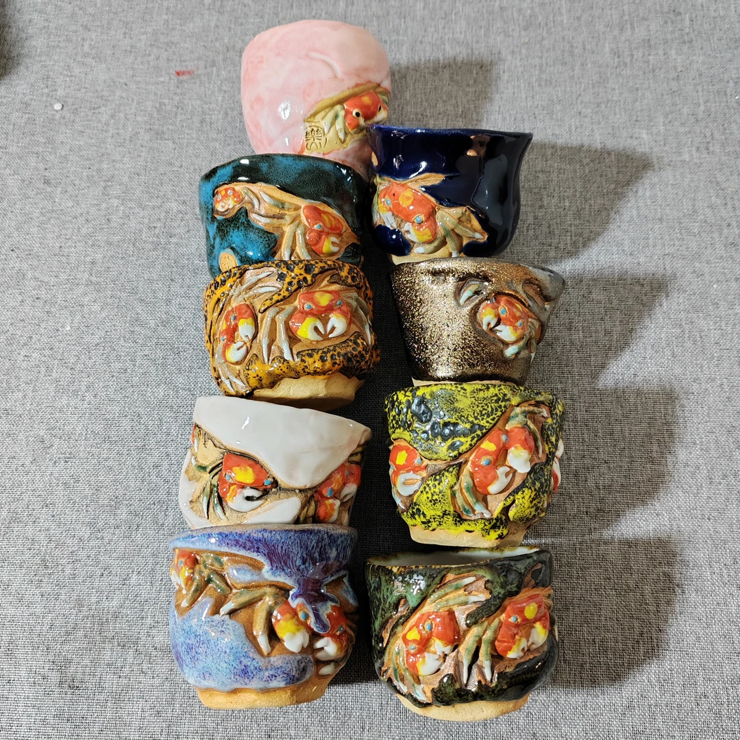 日本回流志野烧浮雕螃蟹主人杯天神蟹汤吞杯带款乐山水月粗陶土做