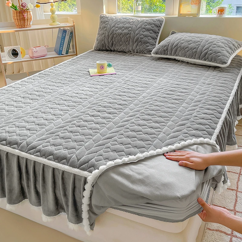 珊瑚牛奶绒秋夹棉床裙单件床笠式床套罩保暖床单带裙边床垫保护套