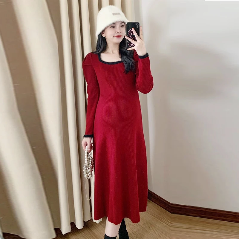 孕妇毛衣连衣裙秋冬季韩版新款宽松大码方领百搭加厚针织打底裙子