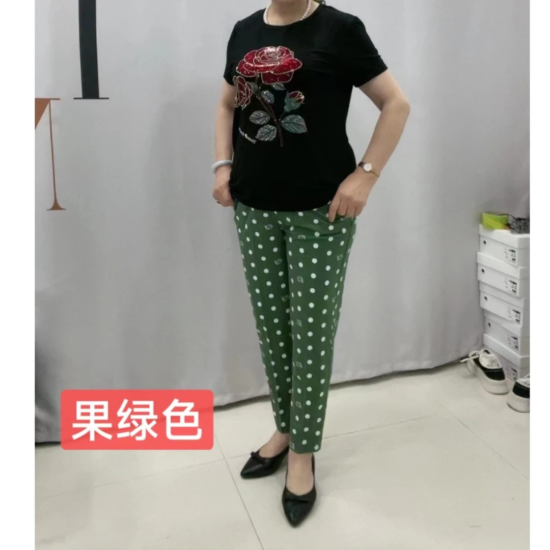 中老年棉弹胶印点彩裤子/弹力大/松紧腰运动休闲透气高腰