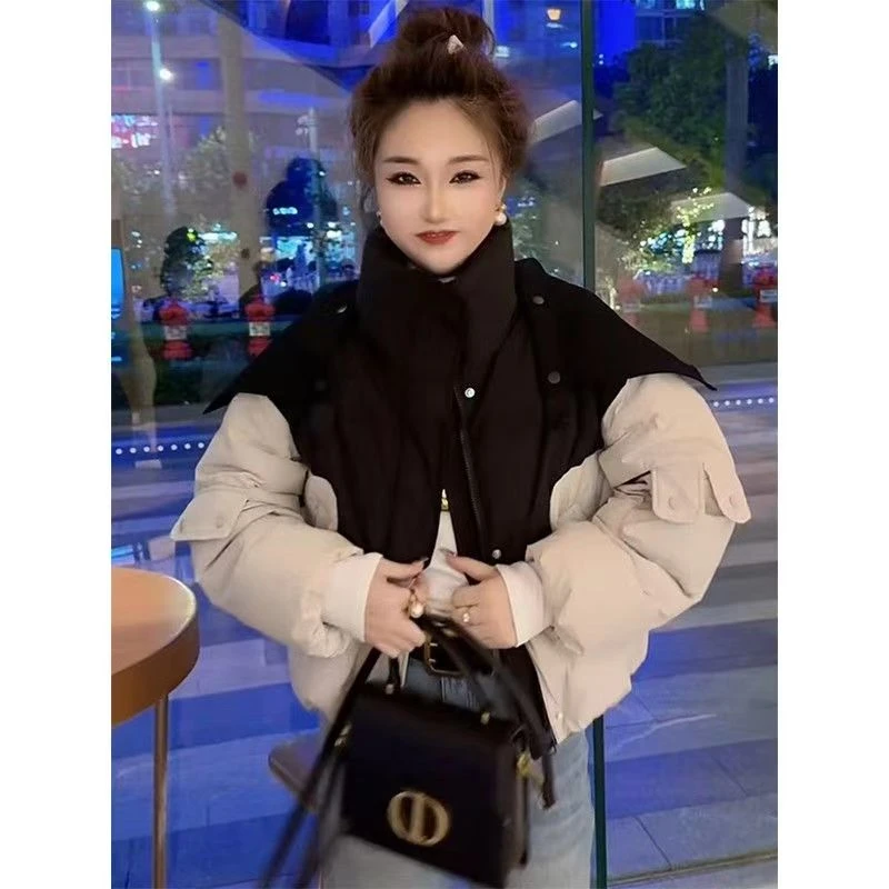 809衣长58欧货撞色拼接短款棉服女冬新款披肩显瘦洋气减龄外套