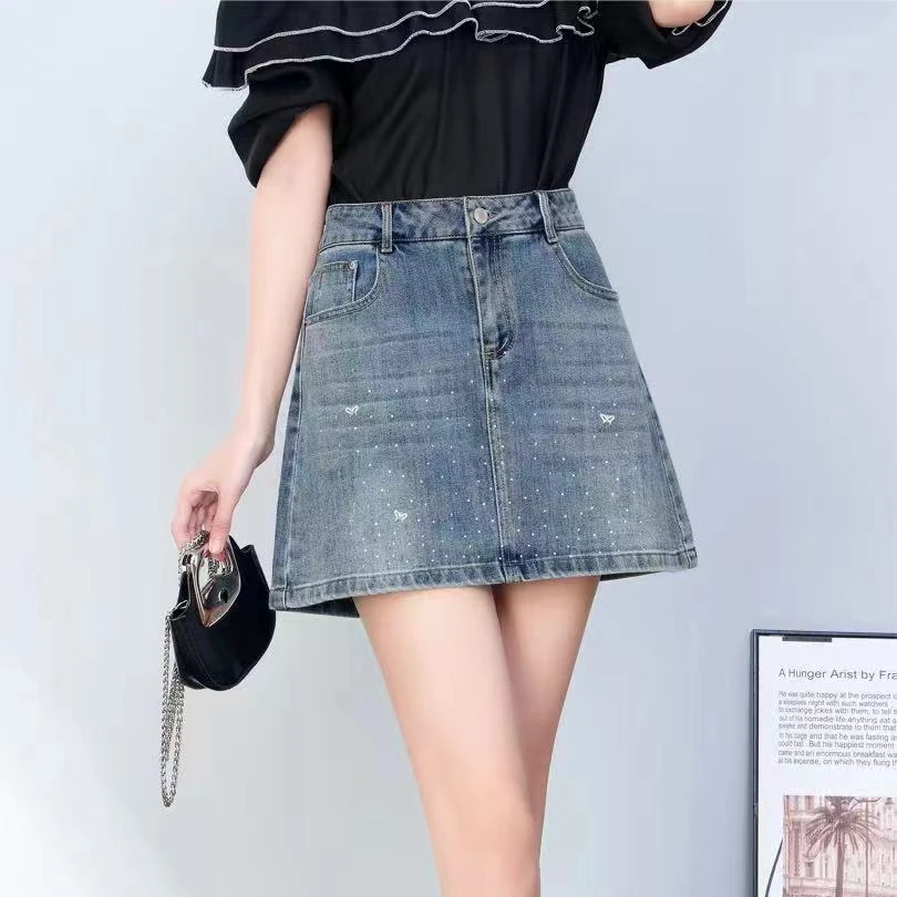 6661#裙长38夏装高腰重工烫钻显瘦百搭休闲防走光牛仔裙短裙女