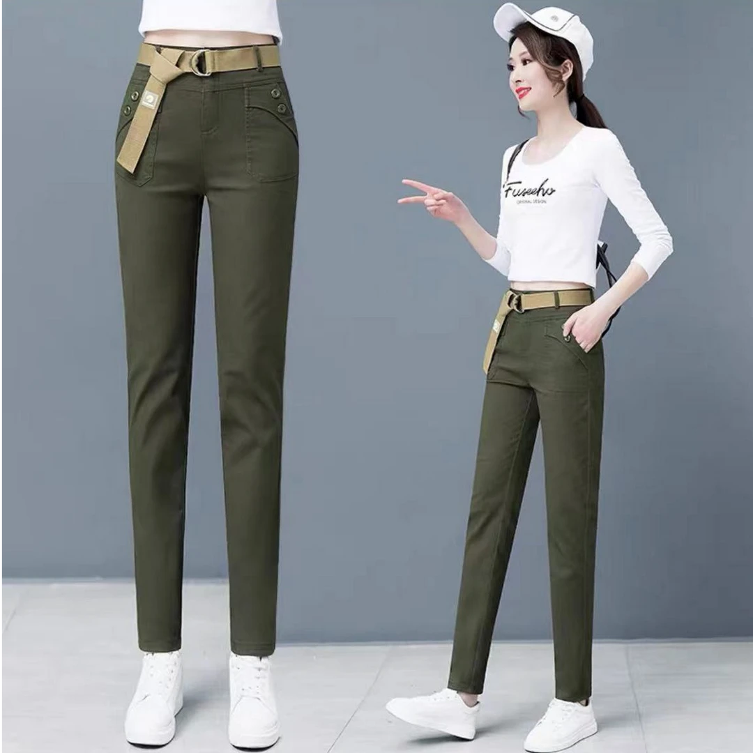 9803裤长96工装裤早秋新款韩版高腰修身显瘦直筒休闲裤小脚哈伦裤
