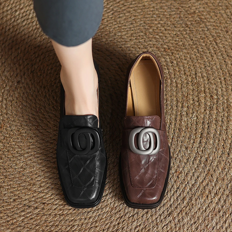 4cm/羊皮/手工鞋方头深口真皮显瘦粗跟软底透气百搭春秋乐福鞋